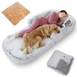 1Pc Large Foldable Human Size Dog Bed With Pillow Blanket Flurry Plush Napping Human-Sized Dog Bed Machine Washable Zipped Removable Cover For Pets Kids Adults Grey 71x45x10in