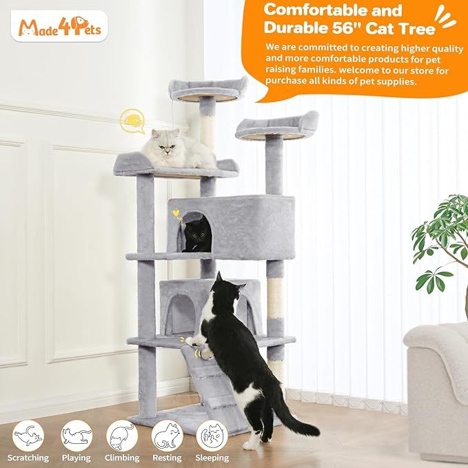 Made4Pets 56-inch Pet Cat Tree For Indoor Cats Multi-Level Cat Tree With 2 Apartments Cat Activity Center With Scratching Posts And Toys Light Gray