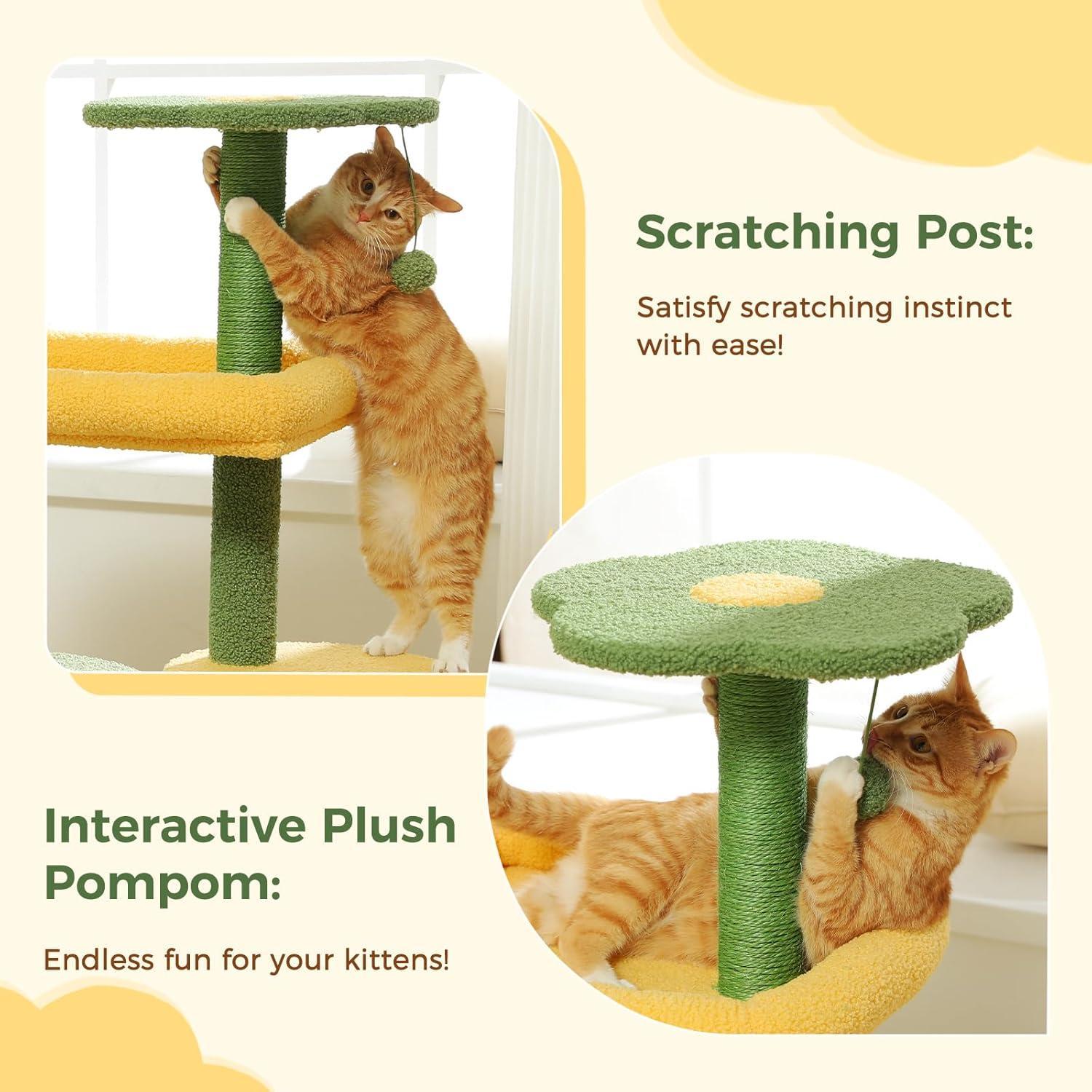 36.5 Inch Indoor Multi-layer Cactus Shape Cat Private Apartment Cat Tower With Cat Scratching Post And Plush Cat Bed