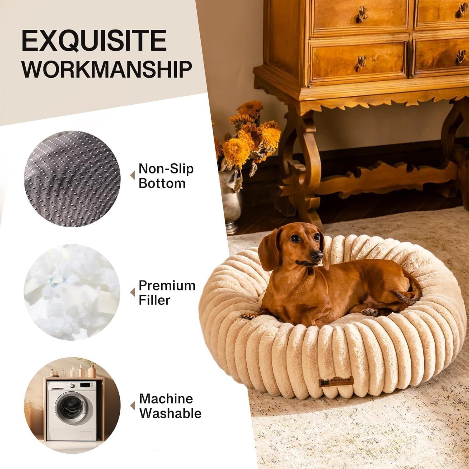 MEWOOFUN Donut Cat Bed - Washable Round Pet Bed For Indoor Cats & Kittens, Fluffy Non-Slip Calming Bed For Small Dogs, Light Brown