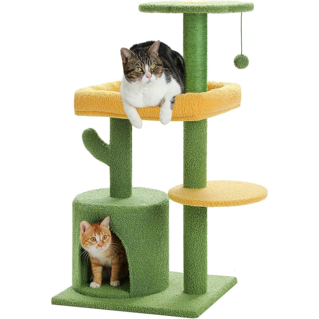 36.5 Inch Indoor Multi-layer Cactus Shape Cat Private Apartment Cat Tower With Cat Scratching Post And Plush Cat Bed