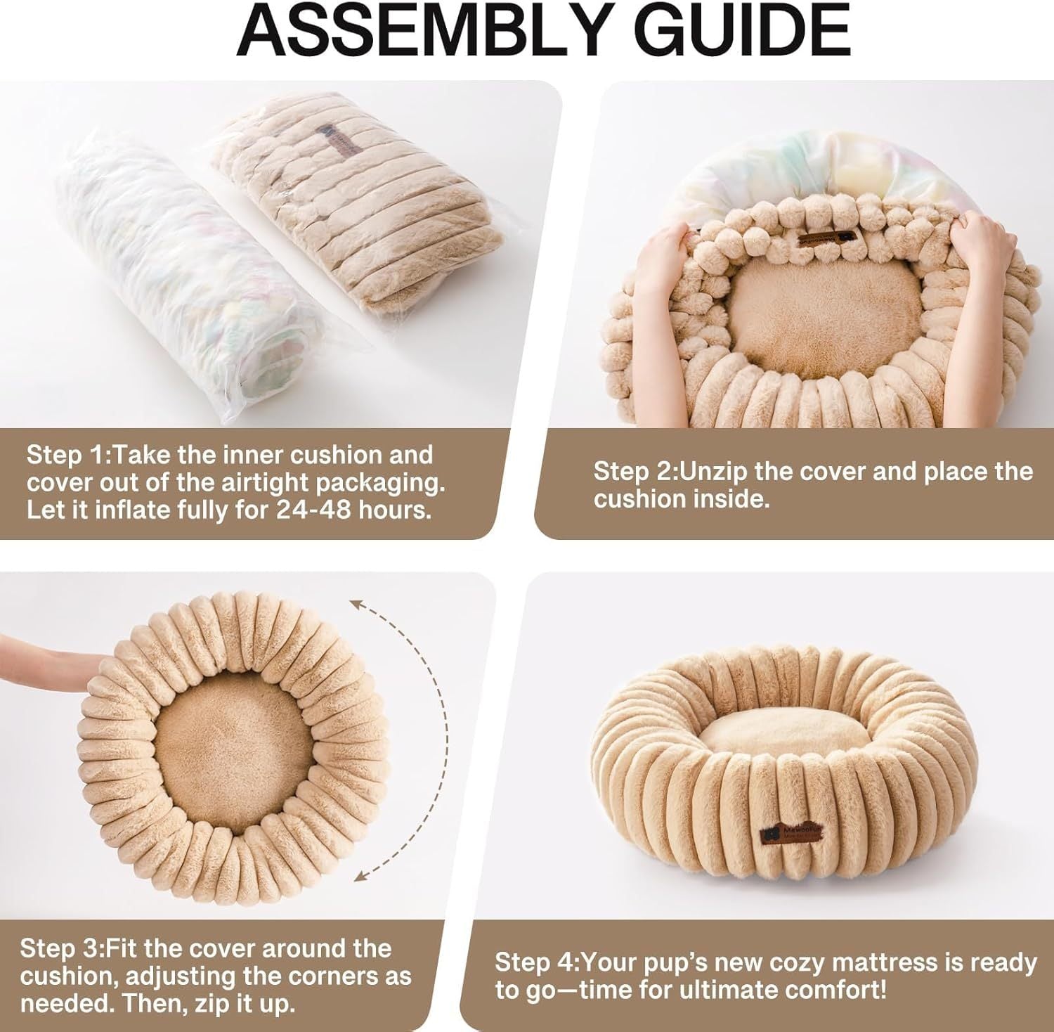 MEWOOFUN Donut Cat Bed - Washable Round Pet Bed For Indoor Cats & Kittens, Fluffy Non-Slip Calming Bed For Small Dogs, Light Brown