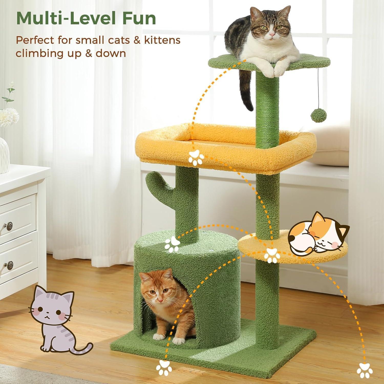 36.5 Inch Indoor Multi-layer Cactus Shape Cat Private Apartment Cat Tower With Cat Scratching Post And Plush Cat Bed