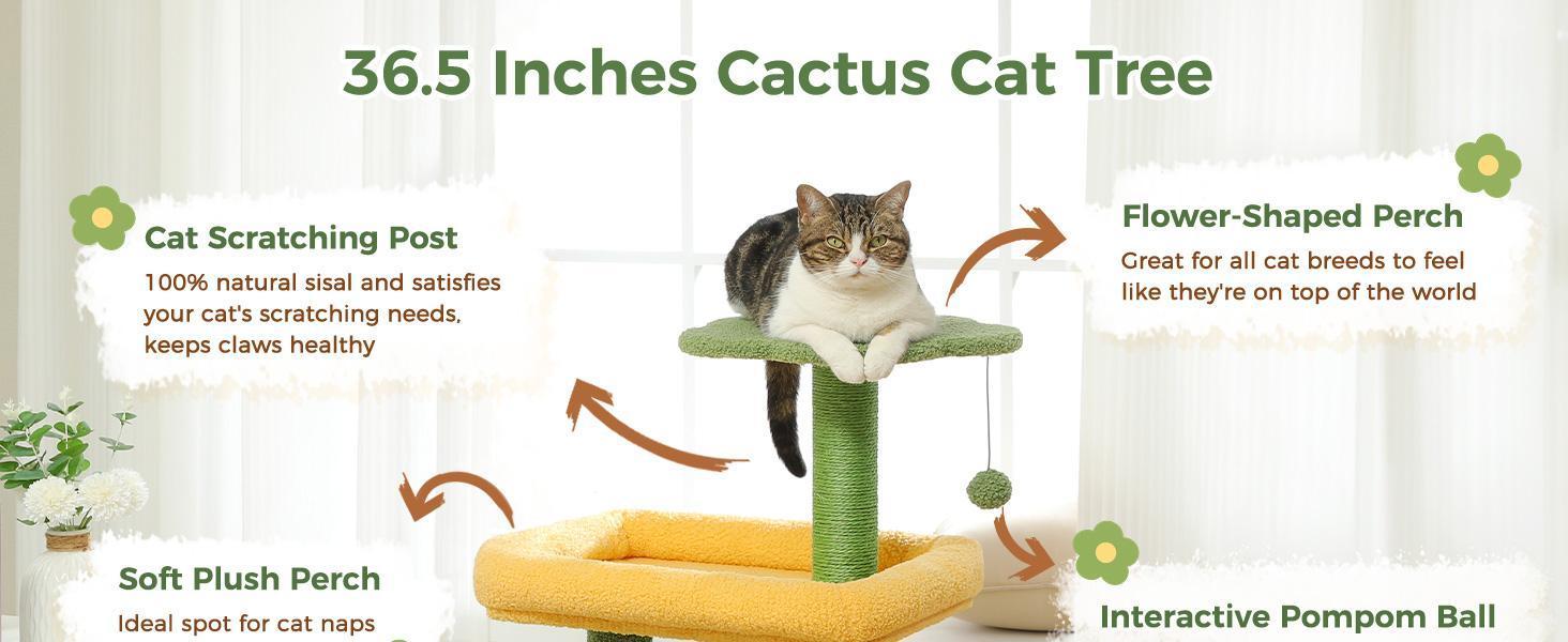 36.5 Inch Indoor Multi-layer Cactus Shape Cat Private Apartment Cat Tower With Cat Scratching Post And Plush Cat Bed