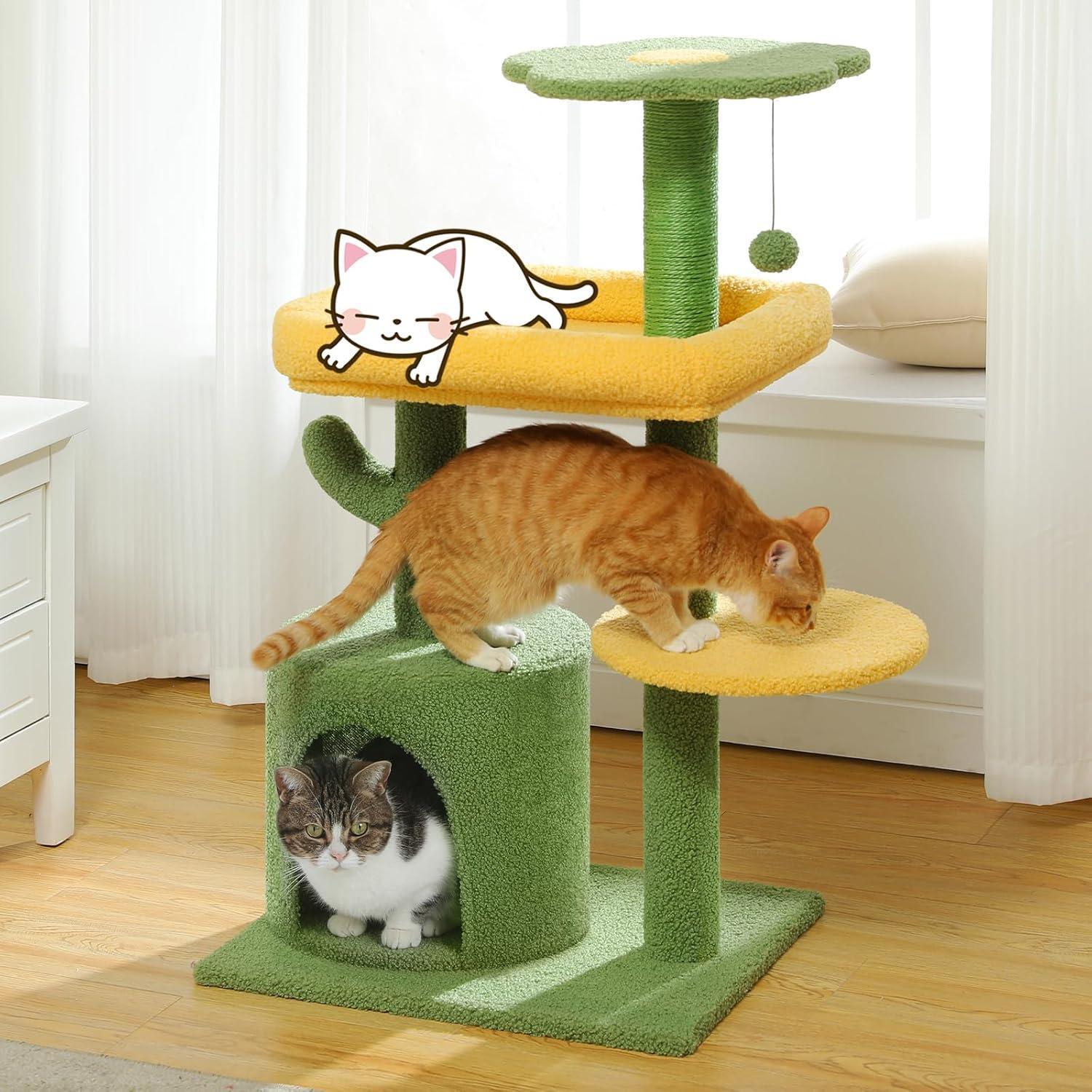 36.5 Inch Indoor Multi-layer Cactus Shape Cat Private Apartment Cat Tower With Cat Scratching Post And Plush Cat Bed